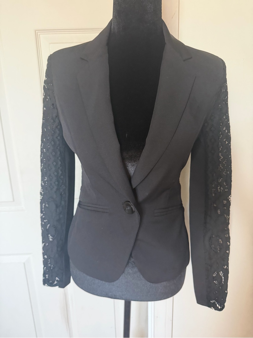 Aqua Black Lace-Sleeve Tailored Blazer